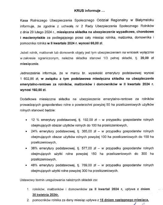 Wymiar składek na ubezpieczenie KRUS w II kwartale 2024 roku