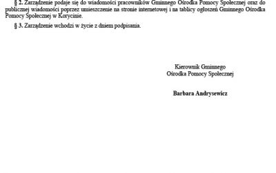 Zarządzenie w sprawie wyznaczenia dnia wolnego od pracy za święto przypadające w sobotę dla pracowników Gminnego Ośrodka Pomocy Społecznej w Korycinie
