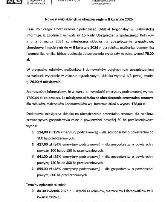 Stawki składek na ubezpieczenie w II kwartale 2026 roku.